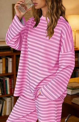 SENSERISE Womens Striped Lounge Set 2 Piece Outfit | Striped Long Sleeve Shirt, Wide Leg Pants, Pajamas Set, Crewneck, Color Block, Loose Fit, Casual Fall Airport Travel Outfit thumbnail 5