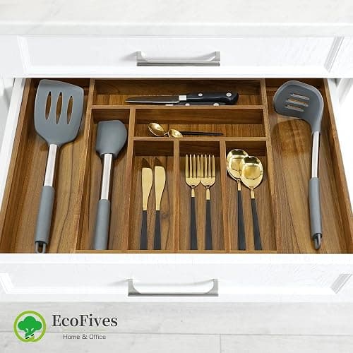 EcoFives Luxury Acacia Kitchen Drawer Organizer - Silverware Organizer - Utensil Holder and Cutlery Tray with Grooved Drawer Dividers for Flatware and Kitchen Utensils (8 Slot) thumbnail 5