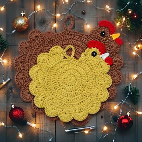 Handmade Crochet Chicken Trivets Set of 2, Chicken-Gifts, Valentine Gifts, Pot Holders, Heat Resistant Farmhouse Kitchen Home Decor, Cooking, Baking, Cute Desk Accessories, Tabletop Protection thumbnail 6