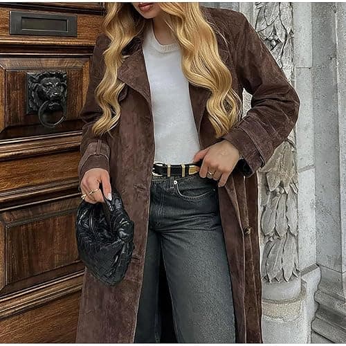 utcoco Womens Faux Suede Long Trench Coat Notched Lapel Double Breasted Pea Coat Overcoat with Belt thumbnail 7