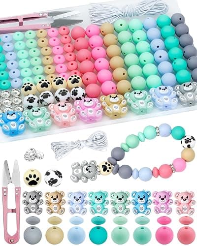 124PCS FIVEIZERO Silicone Focal Beads for Keychain Making, Animal Bear, 15mm Round 12mm Lentil & 10mm Rhinestone Beads for Pens, Bracelets & Crafts with Elastic Cord & Scissors - Image 1