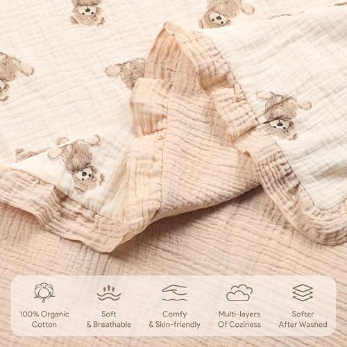 100% Organic Cotton Muslin Baby Blanket Flounce Edge Large 50"x43" Teddy Bear, Soft Breathable Toddler Quilt Crib Blankets Gender Neutral for Baby Boys and Girls Bassinet, Bed, Stroller & Snuggling thumbnail 5