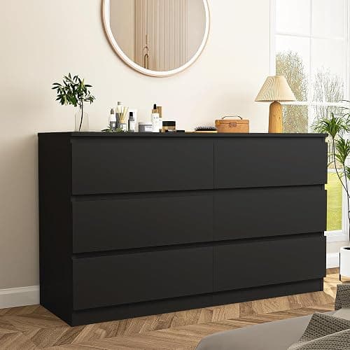 Vibe & Dine 6 Drawer Double Dresser, Modern Chest of Drawers with Wide Storage for Closet, Bedroom, Living Room, Black thumbnail 4