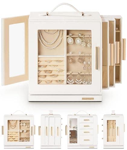 Homde Christmas Gifts Jewelry Box 360° Rotating, Necklace Earring Organizer with Transparent Window, Mirror, 7 Drawers, Large Ring Display Storage Case for Girls Women (White) - Image 1