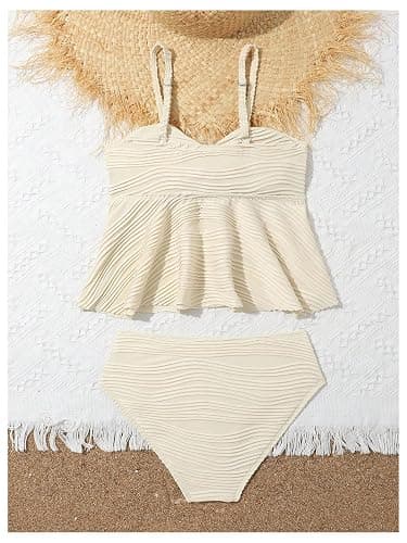 OYOANGLE Girl's 2 Piece Tankini Swimsuit Textured Twist Front Ruched Ruffle Bikini Set Bathing Suits - 10 Years - Beige thumbnail 2
