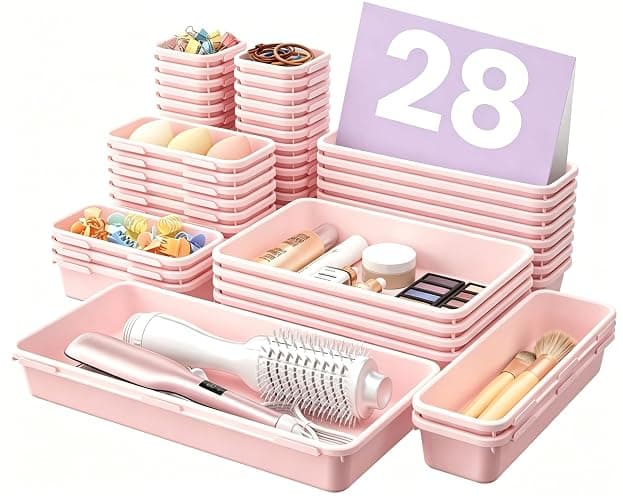 【Military Grade】A-LuGei Drawer Organizer,【𝟱𝗦𝗶𝘇𝗲】Makeup organizer,【Holds 177 Items】Bathroom Organizers and Storage,Organization and Storage,Desk Drawer Organizer for Vanity【Pink】 - Image 1