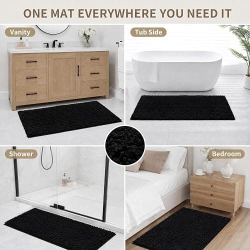 Ruggnovea Bathroom Rugs Non Slip Washable 32x20, Extra Thick Soft Chenille Absorbent Bath Mat, High Density Barrier Non Slip Backing, Quick Dry Plush Shaggy Floor Carpet for Tub&Shower, Black thumbnail 9