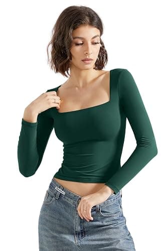 SUUKSESS Women Square Neck Long Sleeve Tops Double Lined Going Out T Shirts thumbnail 4
