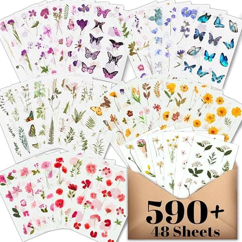 Arme Flower Stickers for Scrapbooking(590 Pieces, 48 Sheets),Decorative Floral Stickers, Small Flower Sticker for Adults, Pressed Flowers Sticker's Pack, Colorful Wildflower Sticker for Scrapbooking - Image 1