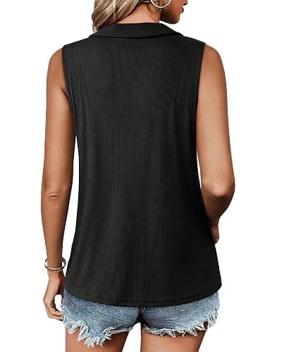 Vivilli Womens Ribbed Tank Top Zipper V Neck Dressy Casual Blouses Sleeveless Camisole Tops Work Tank Polo Shirts thumbnail 5