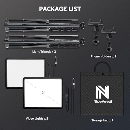2-Pack LED Video Light Kit, NiceVeedi Studio Light, 2800-6500K Dimmable Photography Lighting Kit with Tripod Stand&Phone Holder, 73" Stream Light for Video Recording, Game Streaming, YouTube thumbnail 8