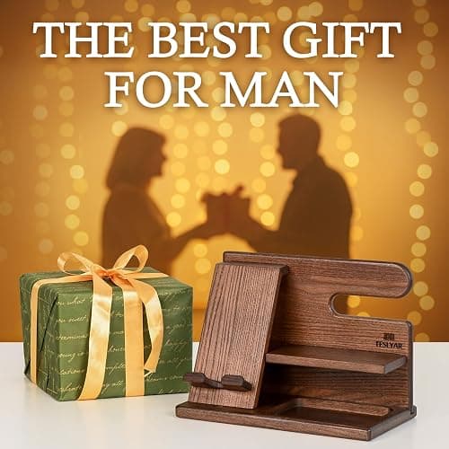 TESLYAR Wood Phone Docking Station for Men - Desktop or Nightstand Organizer - Birthday Gifts for Men, Dad - Anniversary Idea from Wife - Key Holder, Stand Wallet, Watch & Essentials (Bourbon Brown) thumbnail 9