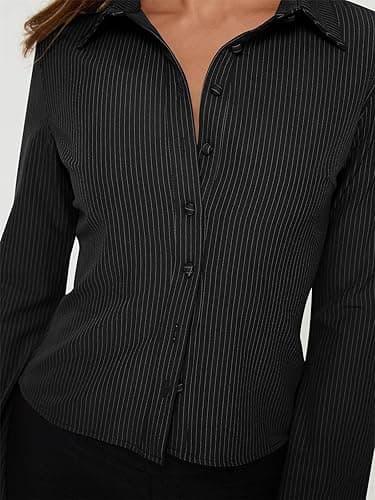 ECHOINE Women Button Down Shirts Long Sleeves Slim Fitted Casual Collared Blouses Work Striped Tops thumbnail 4
