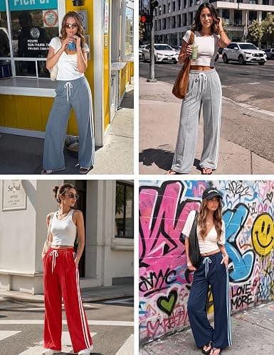 Plameil Women Track Pants Wide Leg Striped Sweatpants Athletic Running | Workout Track Pant,Baggy Jogging Sweatpant,Mid Rise Gym Sweat Pants,Loose Tall Pants,Drawstring Zipper Pockets thumbnail 6