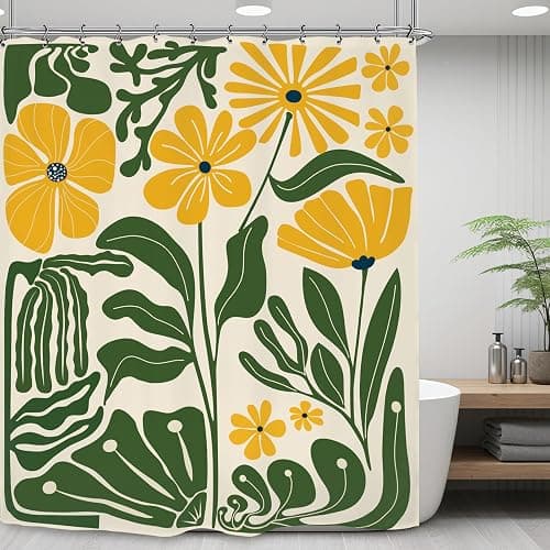 Kalmico Yellow Green Matisse Flower Shower Curtain 60Wx72L Inch Abstract Retro Aesthetic Minimalist Vintage Art 70s Trendy Modern Bathroom Set Accessories Decor with 12 Pack Hooks thumbnail 7