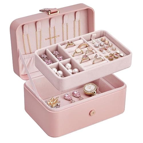 SONGMICS Jewelry Organizer Box, Travel Jewelry Case, 2-Layer Travel Case for Earrings, Necklaces, Bracelets - Portable Jewelry Storage with Large Capacity, Gift Idea, Jelly Pink UJBC166R01 - Image 1