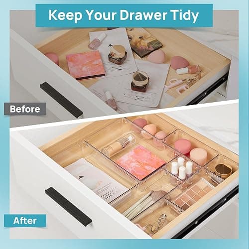 Vtopmart 10 Pcs Makeup Drawer Organizer Bins Set, 4 Size Plastic Makeup and Vanity Organizer Trays, Clear Acrylic Vanity Storage Containers for Cosmetics, Toiletries, Jewelry, Gadgets, Office Supply thumbnail 5