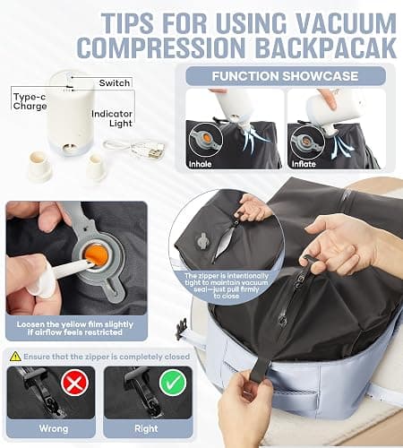 BOXSAM Vacuum Travel Backpack with Pump for Women, Personal Item Carry on Vacpack Backpacks Flight Approved 18x14x8 inches for Men,Laptop Waterproof Work Compression bags Casual Daypack,Grey thumbnail 6
