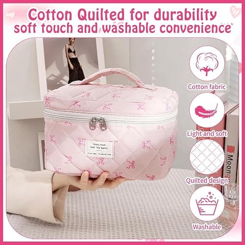 Quilted Makeup Bag, Large Capacity Travel Cosmetic Bag for Women and Girls, Aesthetic Storage for Daily and Travel Use (3PCS-Pink SlimBow) thumbnail 4