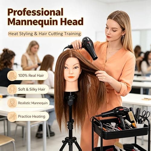 Opini Mannequin Head 100% Real Human Hair for Hairstyle Curling Practice | Cosmetology Manikin Doll Head 22-24" for Braiding Cutting, Ideal for Salon Hairdressers Barbers & Beginner Training (Brown) thumbnail 3