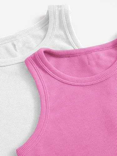 Milumia Girl's 2 Pack Ribbed Knit Sleeveless Round Neck Casual Baisc Crop Tank Top - 10 Years - A White and Pink thumbnail 3