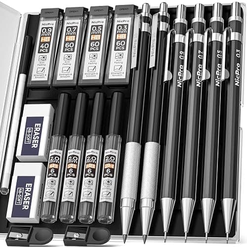 Nicpro 6 PCS Art Mechanical Pencil Set, Black Metal Drafting Pencil 0.3, 0.5, 0.7, 0.9 mm & 2PCS 2mm Graphite Lead Holder(4B 2B HB 2H) For Writing Sketching Drawing With 8 Lead Refills Eraser Case thumbnail 2