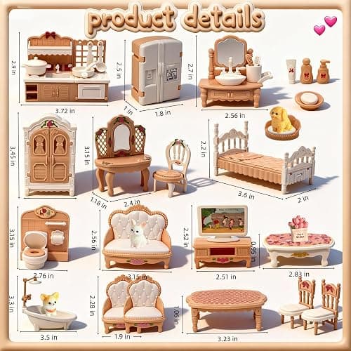 Dollhouse Furniture Set, 38 Pcs Miniature Doll House Accessories with Dogs and Cat ，Kitchen Bedroom Living Room Bathroom Furniture, Toy for Kids Ages 3+ Boys Girls, Great Gift Idea thumbnail 2