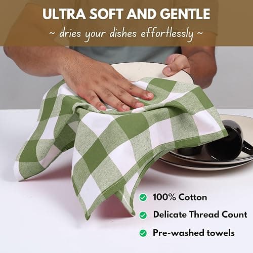 Native Fab Buffalo Check Kitchen Dish Towels, 16"x26", 4 Pack - 100% Cotton Plaid Washcloths - Absorbent Dish Cloths Set, Cleaning Hand Towels with Hanging Loop - Mint Green White thumbnail 6