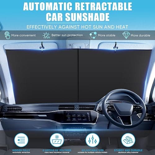 Automatic Retractable Car Sunshade, 2025 New Adjustable Auto Windshield Sun Shade, 35x50 inch Suction Cup Sunshade for Various Models, UV Blocking Protects for Drivers thumbnail 2