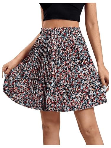 SweatyRocks Women's High Waist Mini Pleated Skater Skirt Flared A-Line Floral Short Skirt - Image 1