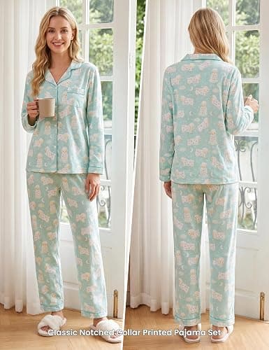 CHUNG Women Flannel Pajamas Set Brushed Cotton Button Tops Pants S-XL Sleepwear Loungewear Cozy Warm Winter thumbnail 5