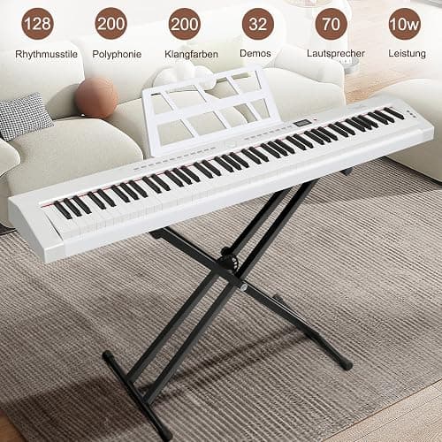 LEADZM 88 Tasten Halbgewichteten Digital Piano, Full Size Keyboard, Elektronische Tastatur mit Doppelrohr-X-Förmigem Ständer, Bluetooth MIDI, Notenständer, Sustain-Pedal, Kopfhörer (Weiß) thumbnail 2