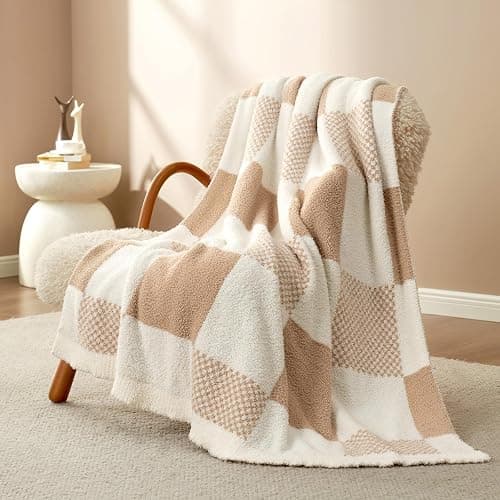 Snuggle Sac Checkered Blanket, Beige Throw Blanket for Couch Plaid Microfiber Fluffy Warm Cozy Fuzzy Soft Throw Blanket Reversible Checkered Blankets for Sofa, Chair, Bed, 50x60 inches - Image 1