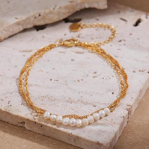 SLOONG Gold Bracelets for Women Trendy, 14K Real Gold Plated Dainty Stackable Pearl Snake Chain CZ Heart Pendant Bracelets, Layered Waterproof Jewelry Gift for Women Adjustable 6"+2" thumbnail 6