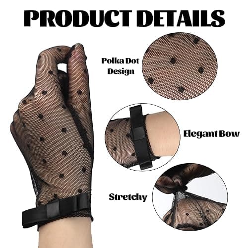 loghohu Black Mesh Lace Gloves Women, Black Lace Gloves with Polka Dots Bow Vintage Short Tulle Sheer Glove for Tea Party Women Dress Wedding Dinner Opera thumbnail 3