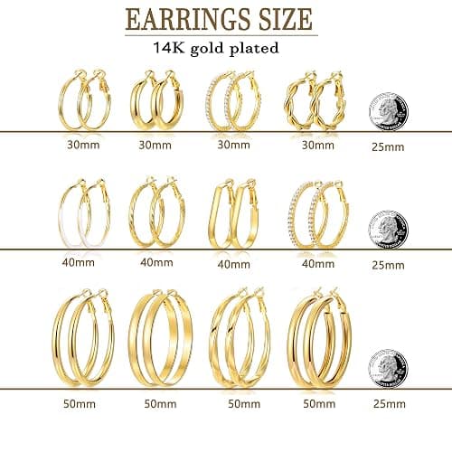 12 Pairs Gold Hoop Earrings Set for Women, Lightweight Hoop Jewelry | Large hoop earrings, 30mm 40mm 50mm sizes, Lightweight design, 14K gold plated, Hypoallergenic, Perfect Jewelry Gift thumbnail 4