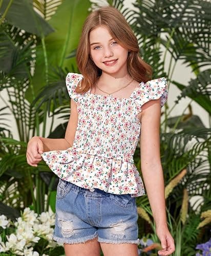 BesserBay Girls Summer Ruffle Cap Sleeve Square Neck Tank Top Peplum Hem Smocked Cute Babydoll Blouse 5-14 Years thumbnail 2