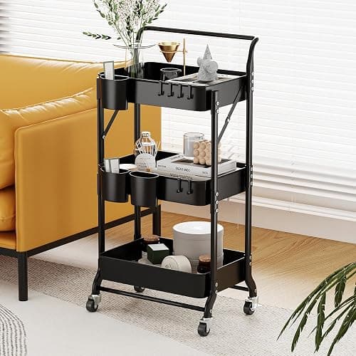 3 Tier Foldable Rolling Cart with Wheels, Folding Utility Cart Organizer, Collapsible Rolling Storage Cart with 3 Hanging Cups & 6 Hooks for Kitchen, Office, Nursery(Black) thumbnail 2