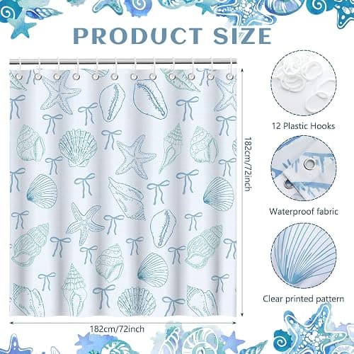 Hillsuren Beachy Shower Curtain Ocean Coastal Nautical Shower Curtain Coquette Blue Bows Starfish Seashell Bath Curtains Waterproof Modern Summer Bathroom Bathtub Decor with 12 Hooks, 72 x 72 Inch thumbnail 2