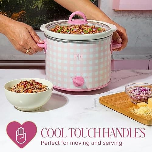 Paris Hilton 3.5-Quart Manual Slow Cooker, Features Three Settings (Low, High, Warm), Naturally Nonstick and Dishwasher Safe Stoneware Insert, Family Sized Capacity, Gingham Pink thumbnail 6