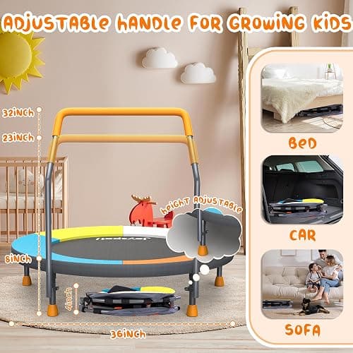 3FT Foldable Trampoline for Kids - 36” Mini Small Trampoline with Handle Bar, Indoor Outdoor Fun, Height-Adjustable, Max Load 100LBS, Perfect Toddler Baby Jumping Mat for Fitness & Recreation thumbnail 2