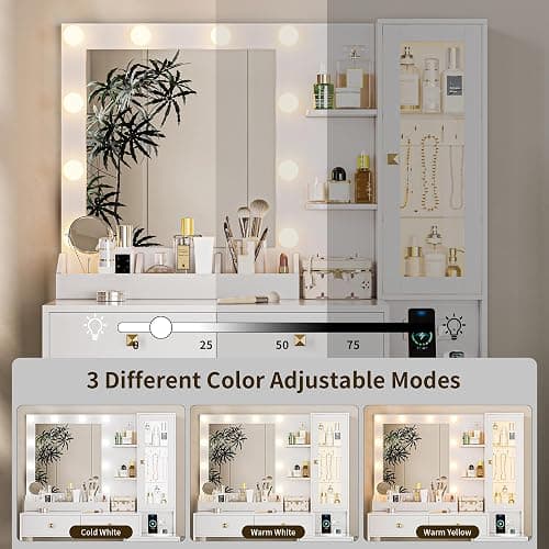 HUANLEGO Vanity Desk with Mirror and Lights, White Makeup Vanity Mirror with Lights Desk with 5 Drawers, Jewelry Organizer& LED Glass Cabinet, 3 Light Mode Dressing Table Set for Girls, Women thumbnail 6