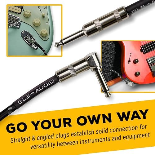 GLS Audio Instrument Cable - Amp Cord for Bass & Electric Guitar - Straight to Right Angle 1/4 Inch Instrument Cable - Black/Grey Braided Tweed, 6 Ft thumbnail 2