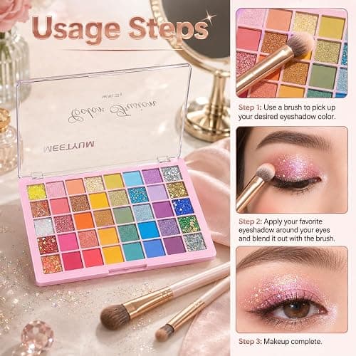 Colourful Glitter Eyeshadow Palette, 40 Colours Matte Glitter Eyeshadow Yellow Silver Pink Purple Green Blue Eye Make Up Palettes, Long Lasting Colourful Eye Shadow Pallets for Women thumbnail 4