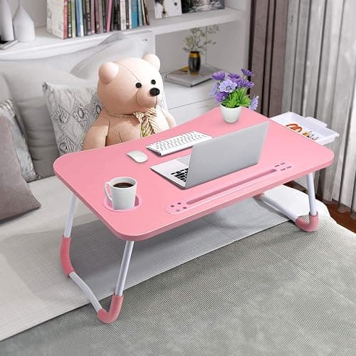 Slendor Lap Desk with Tablet Slot, Foldable Laptop Table with Storage Drawer for Bed，Portable Bed Desk for Laptop, Computer Tray with Cup Holder Notebook Stand Reading Holder for Couch Floor, Pink thumbnail 4
