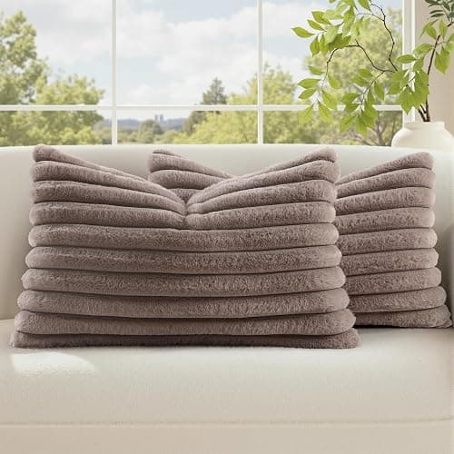 decorUhome Cozy Faux Fur Throw Pillow Covers 12x20 Set of 2 Decorative Soft Plush Striped Lumbar Modern Farmhouse Boho Couch Pillow Cases with Velvet Back for Sofa Bed Living Room, Light Coffee - Image 1