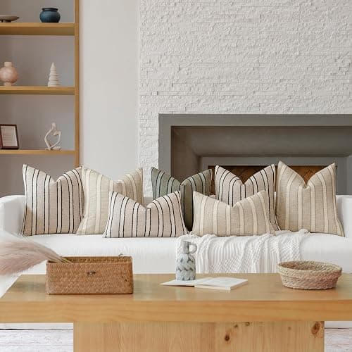 FIOUOVO Striped Linen Throw Pillow Covers 18x18 Set of 2, Beige | Modern Farmhouse Neutral Decorative Accent Woven Textured Cushion Covers for Sofa Couch Living Room Bedroom thumbnail 6