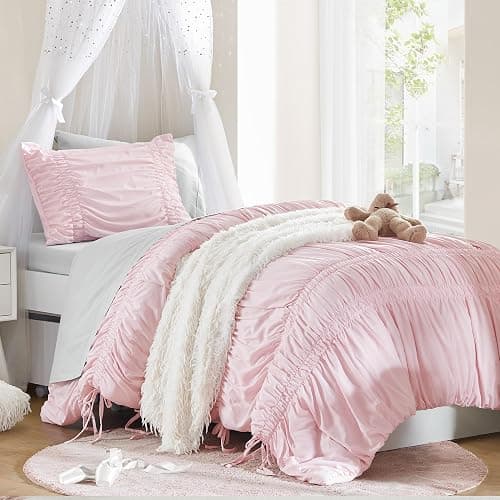 Intelligent Design Twin Comforter Set Ruched Shabby Chic Comforters for Twin Size Bed, All Season Lightweight Comforter Twin, French Country Bedding Set, Sham, Ella, Twin/Twin XL Pink, 2 Piece - Image 1