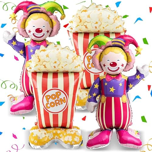 Charnoel 4 Pcs 4ft 3D Self Standing Popcorn Clown Balloons Giant Circus Carnival Foil Balloon for Carnival, Circus Themed, Movie Night Birthday Party Decoration - Image 1