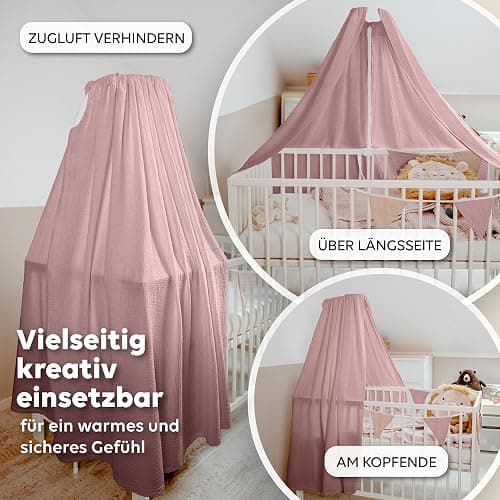 lilimaus Betthimmel Babybett [in 12 Farben] Himmel Babybett aus 100% Baumwolle Musselin - Betthimmel Mädchen & Jungen - Himmelbett Vorhänge als Kinderzimmer & Babyzimmer Deko - Baby Bett Vorhang - Puderrosa - ohne Himmelstange thumbnail 3